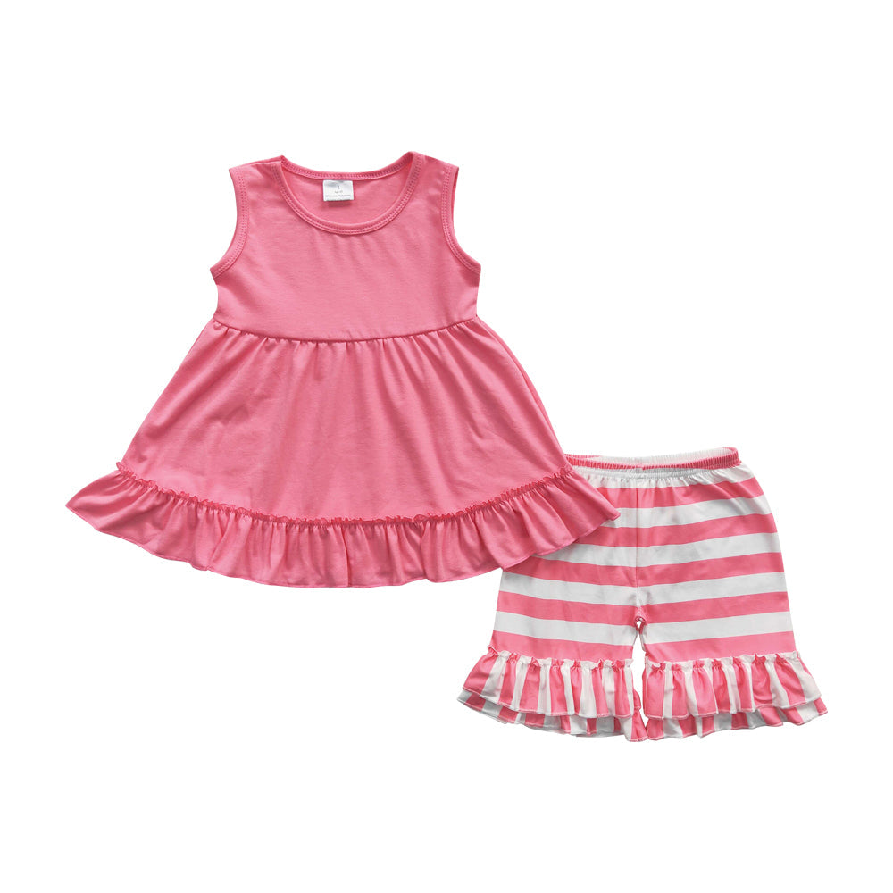 C10-16 Pink Sleeveless Dress Top Match Striped Print Shorts Girls Set