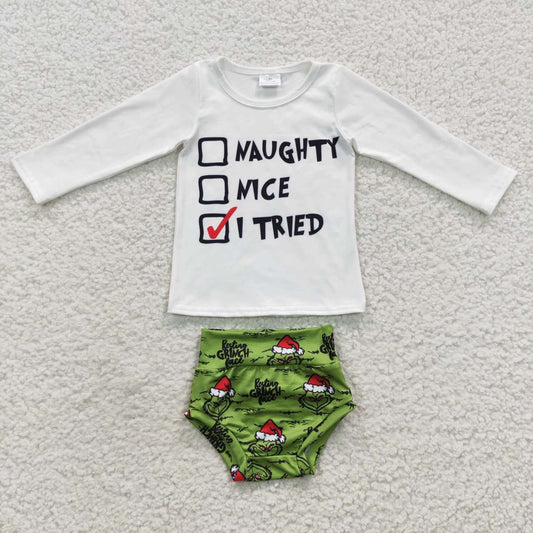 GBO0167 Christmas i tried green face long sleeve bummies set kids clothes