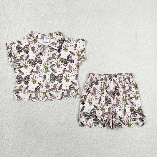 GSSO3669 Scallop Camo Bows Mallard Zipper Short Sleeve Shorts Girls Set