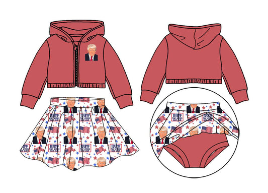 custom Trump flag long sleeve hoodie coat skirt with shorts girls set