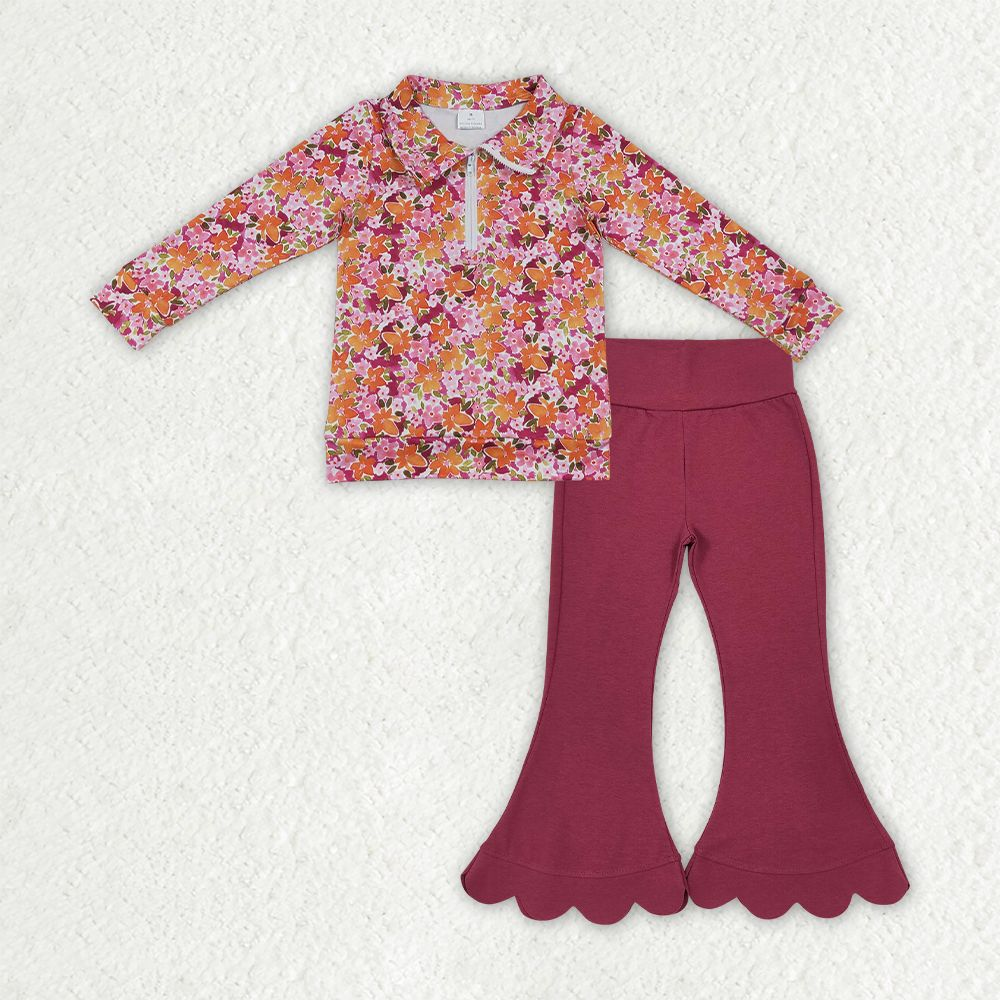 GLP3857 Flowers Floral Zipper Long Sleeve Maroon Scallop Pants Girls Set