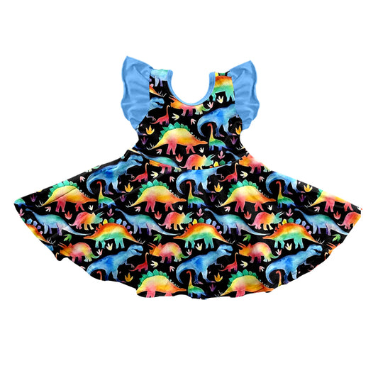 preorder  Colorful dinosaur blue flutter sleeve girls dress