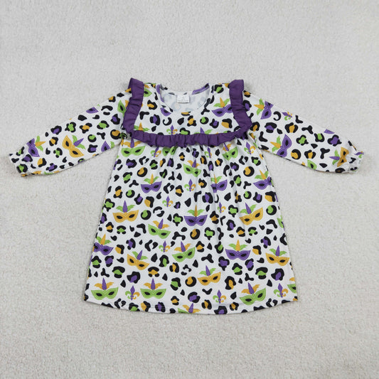 GLD1319 Mardi Gras yellow purple green leopard long sleeve girls dress
