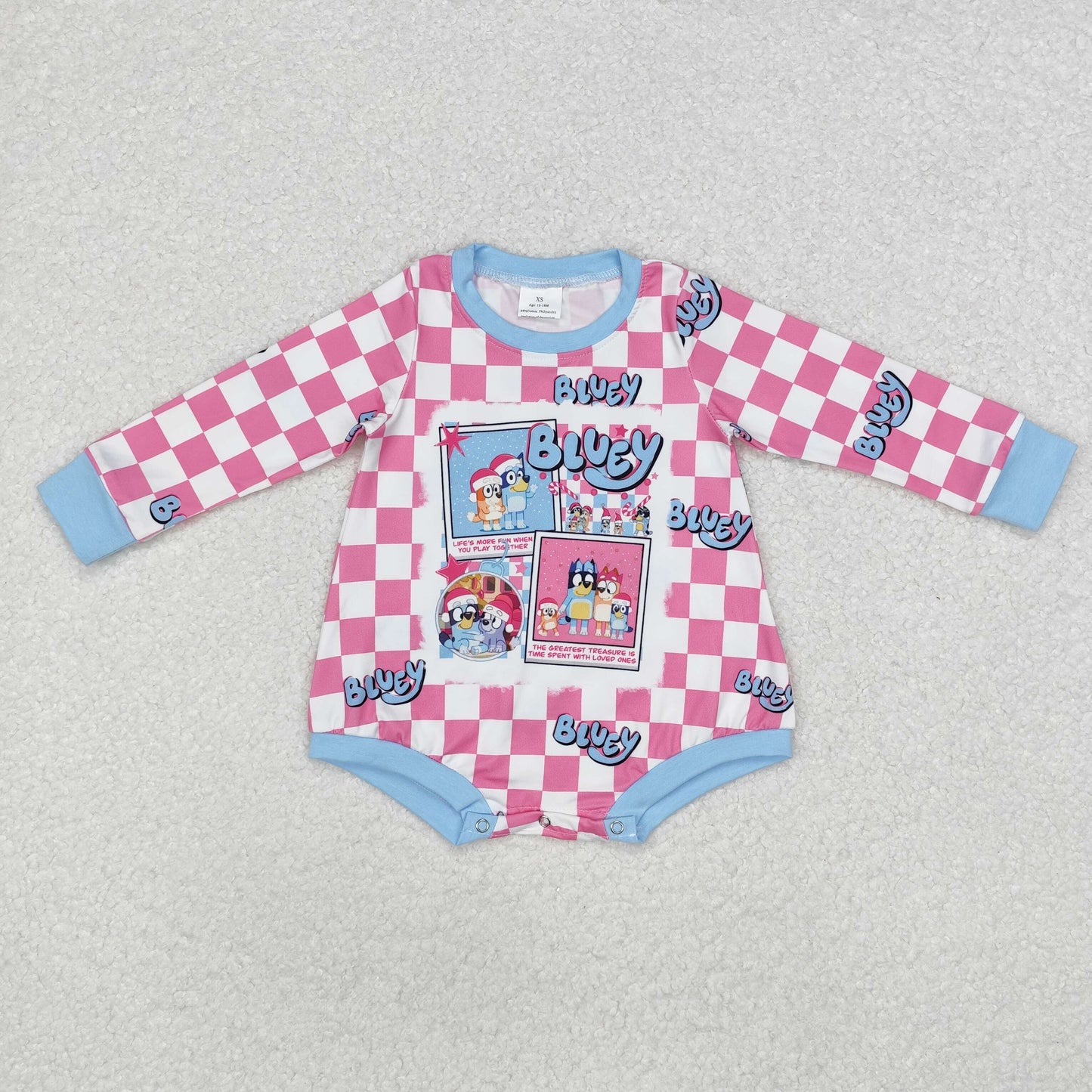 LR1764 Christmas blue dog hot pink checkered pink girls romper