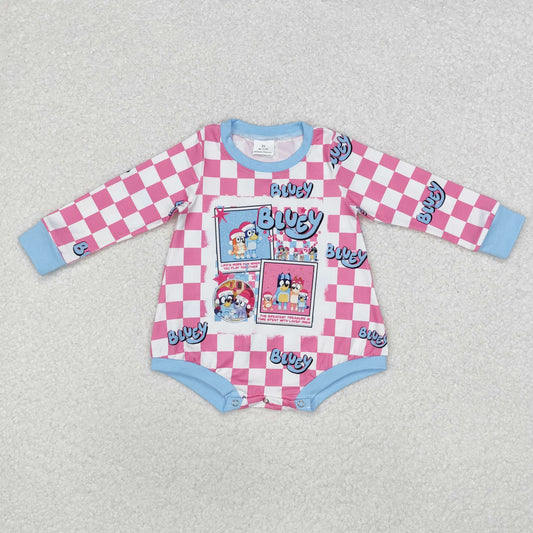 LR1764 Christmas blue dog hot pink checkered pink girls romper