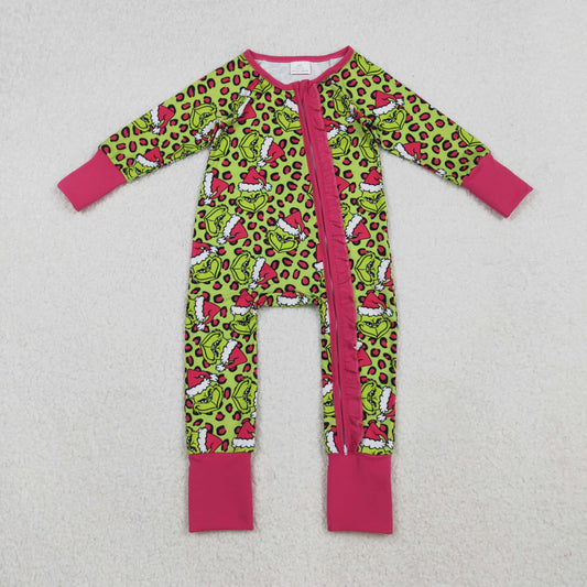 LR2520 Christmas green face leopard long sleeve zipper girls romper