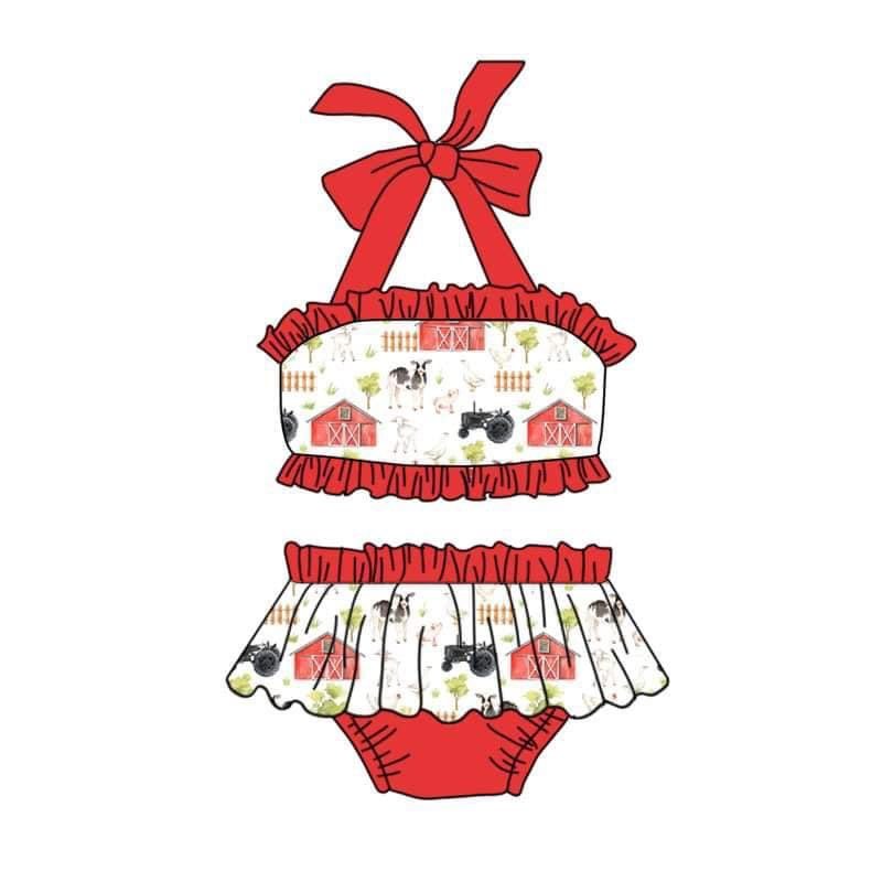 custom S farm house cow red 2pcs girls swimsuits