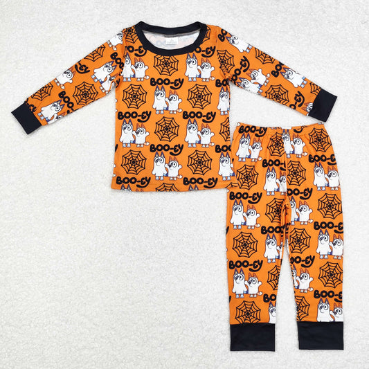 BLP0727 Halloween boo blue dog orange long sleeve pants boys pajamas