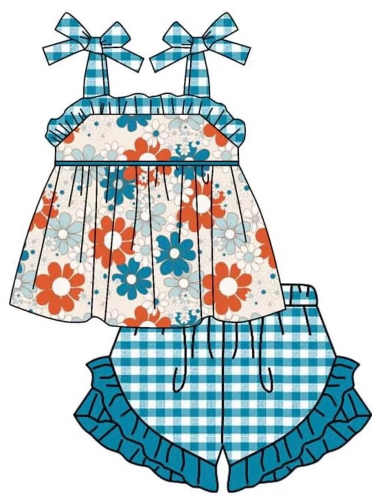 custom multi color flowers lace-up blue checkered shorts girls set