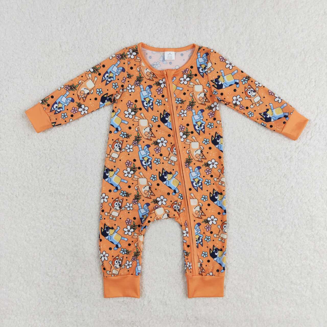 LR0982 bamboo cartoon blue dog flowers orange long sleeve zipper girls romper