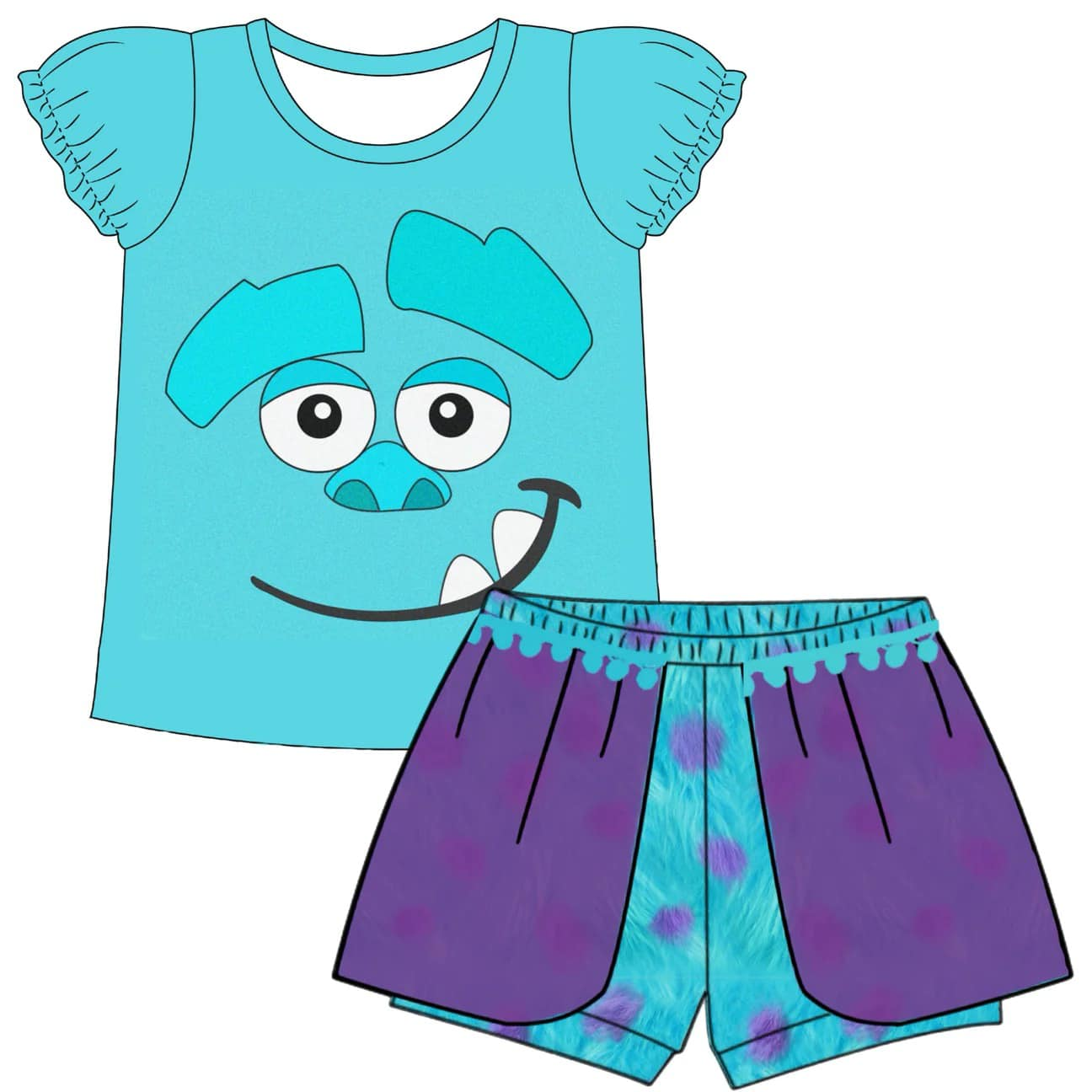 custom style blue monster flutter sleeve shorts girls set tat 6-8 weeks