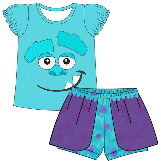 custom style blue monster flutter sleeve shorts girls set tat 6-8 weeks
