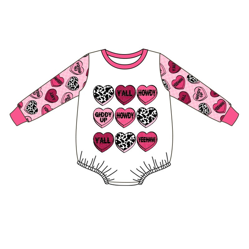 preorder LR0821 Valentine's Day howdy heart pink long sleeve girls romper