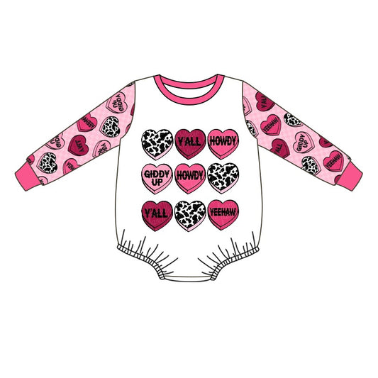 preorder LR0821 Valentine's Day howdy heart pink long sleeve girls romper