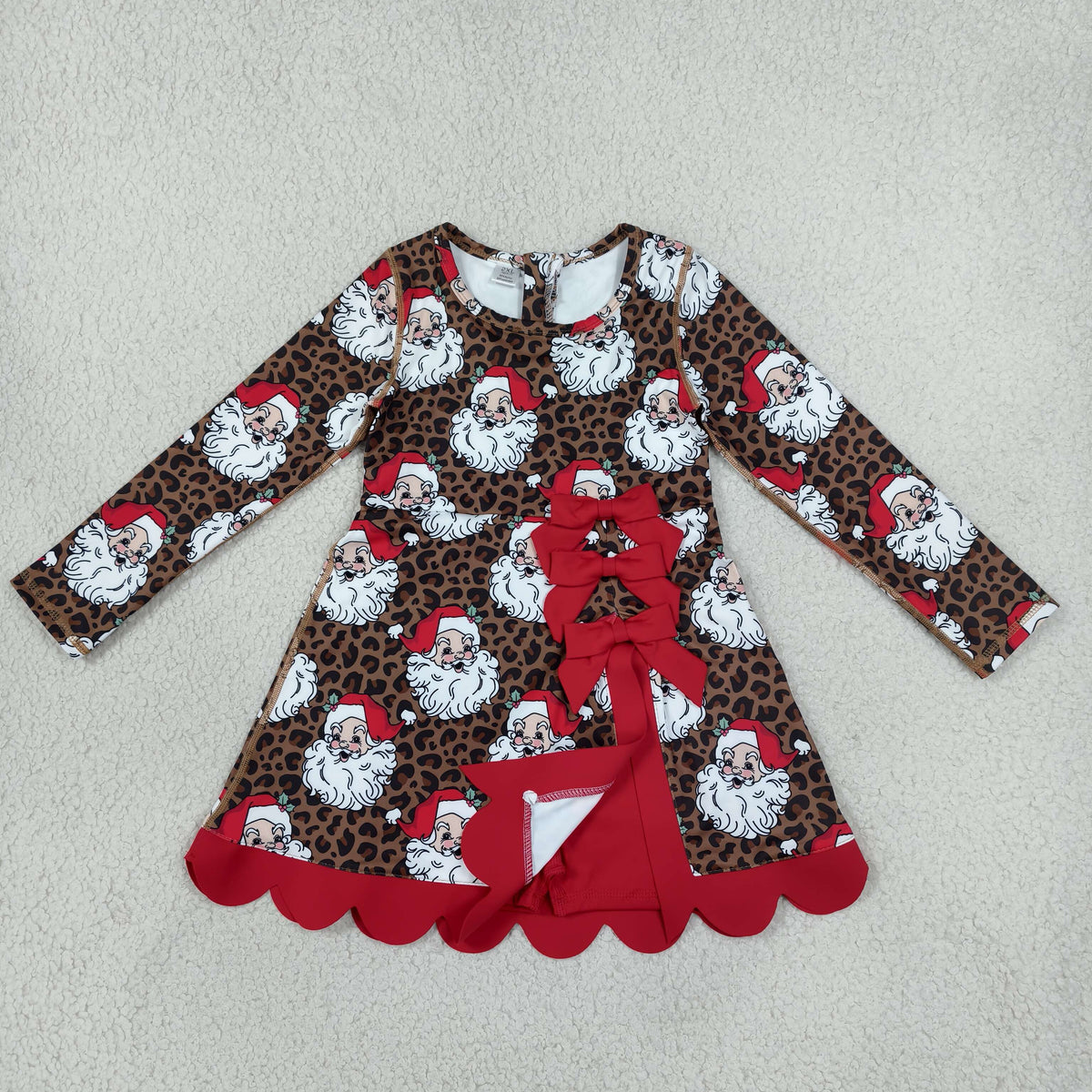 GLD1679 Christmas Leopard Santa Long Sleeve Girls Dress