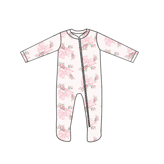 custom style flowers pink bows 1 long sleeve zipper girls romper