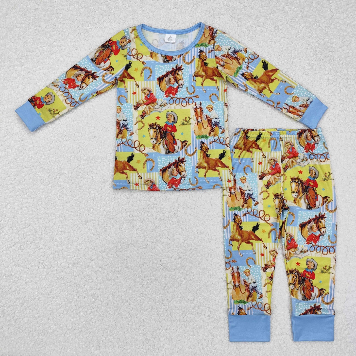 bamboo BLP0915 Western rodeo horse yellow blue long sleeve pants boys pajamas