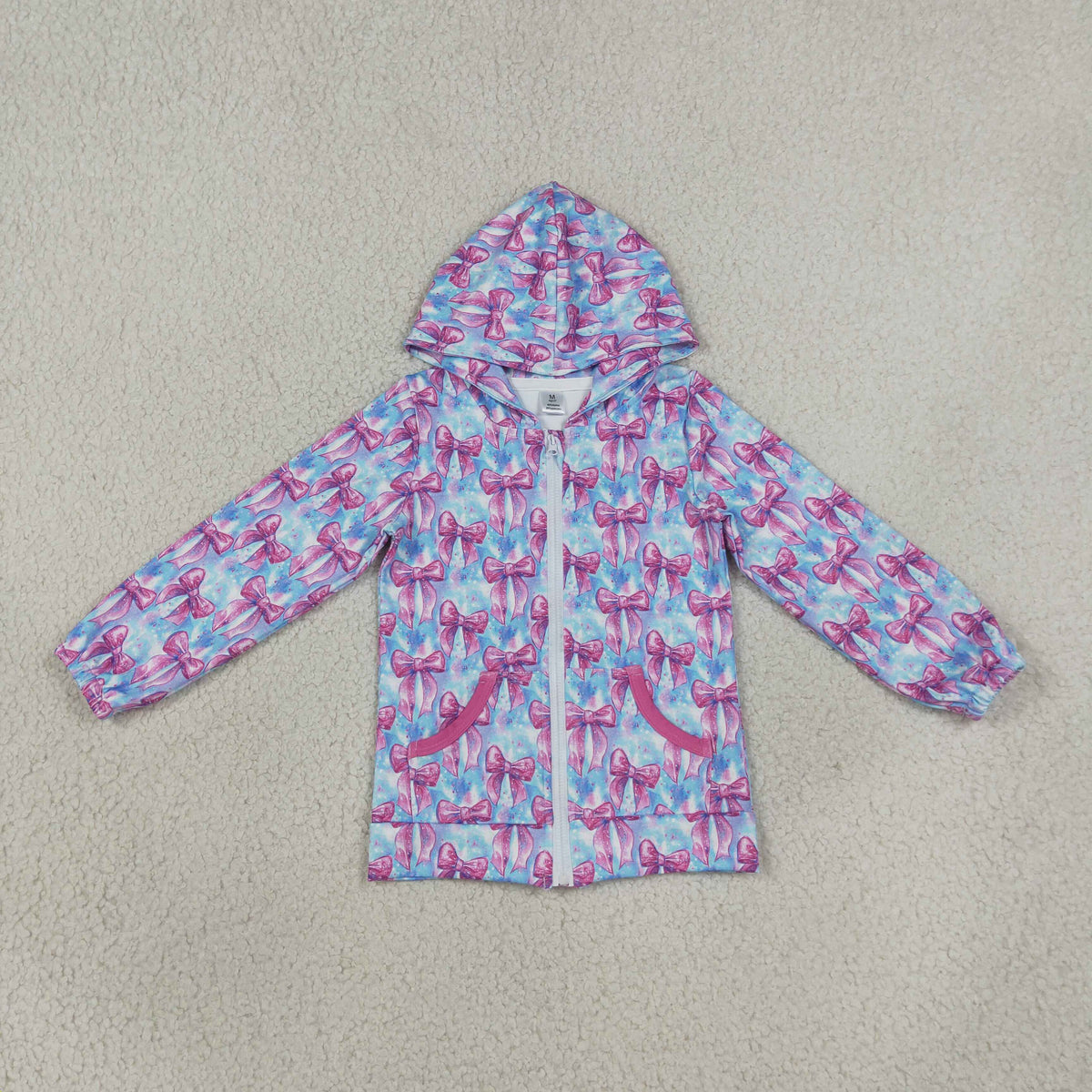 GT1674 Yoga Hot Pink Bows Blue Zipper Hoodie Long Sleeve Girls Coat