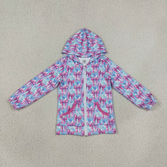 GT1674 Yoga Hot Pink Bows Blue Zipper Hoodie Long Sleeve Girls Coat
