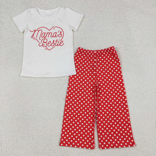 GSPO2250 Mama's Bestie Heart Short Sleeve Red Dot Pants Girls Set