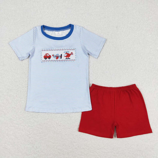 BSSO0649 embroidery Cute car plane blue striped short sleeve red shorts boys set