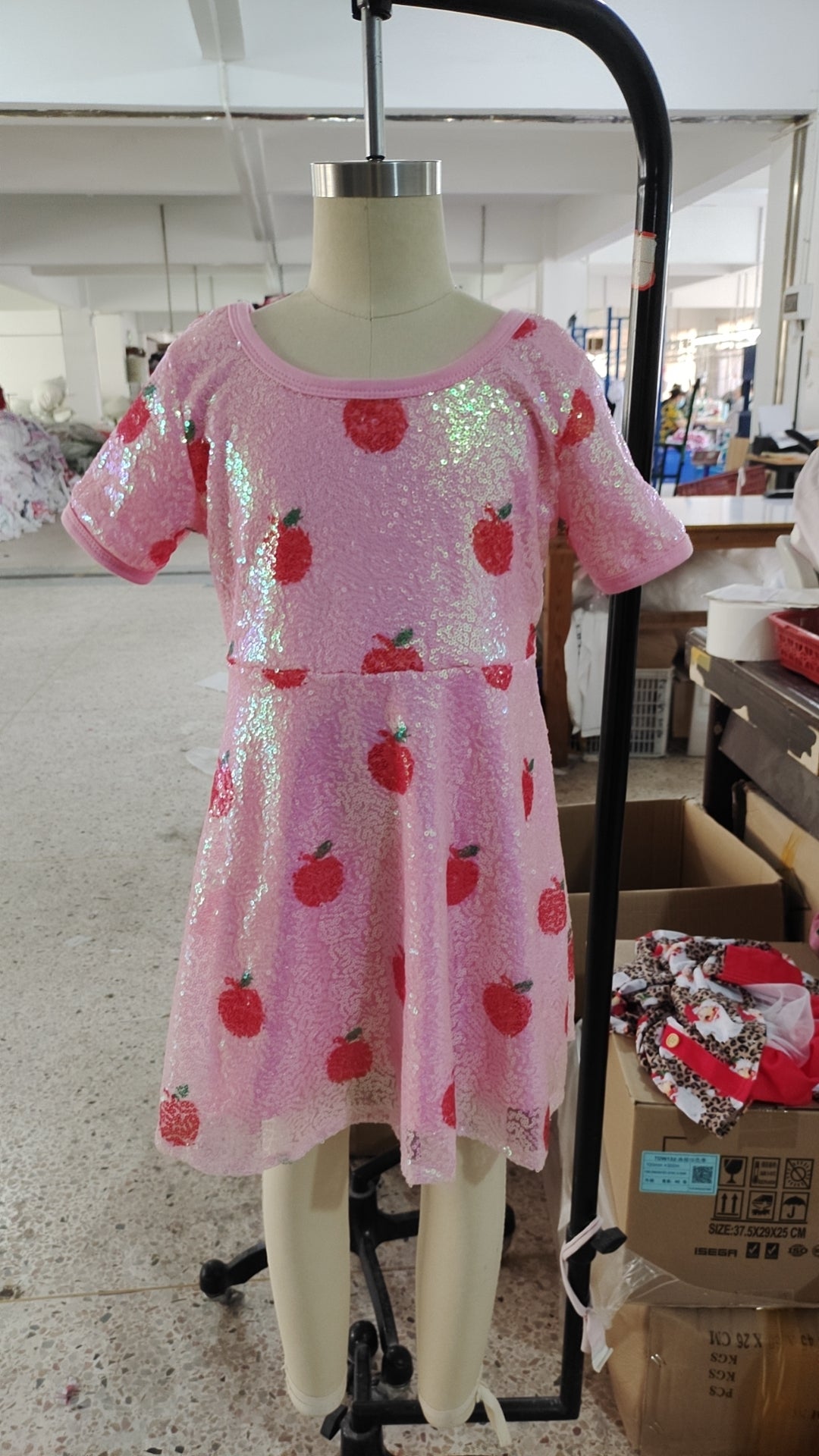 GSD0437  Back To School Apple Pink Sequin Short Sleeve Girls Dress