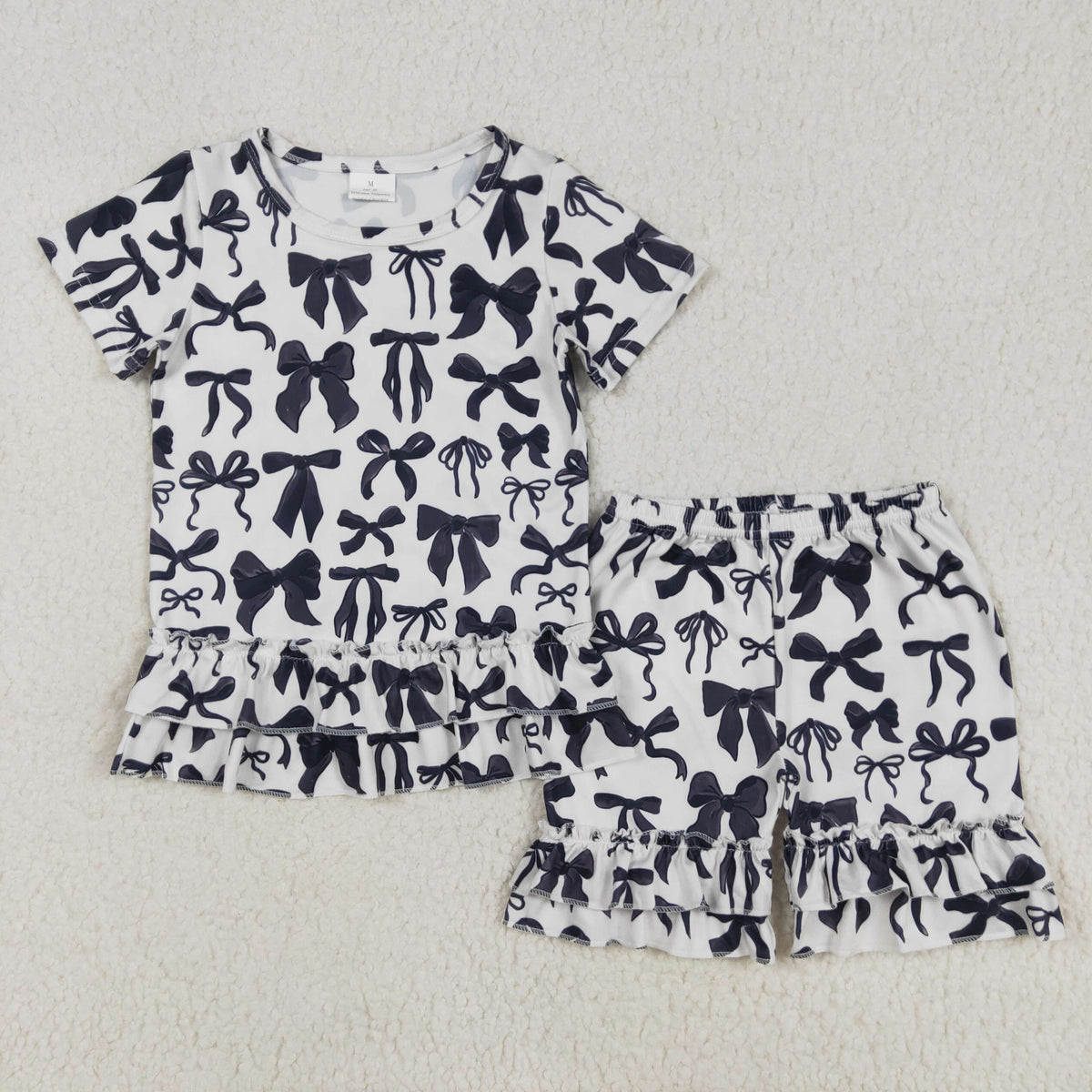 GSSO1852 black bows short sleeve ruffles shorts girls set