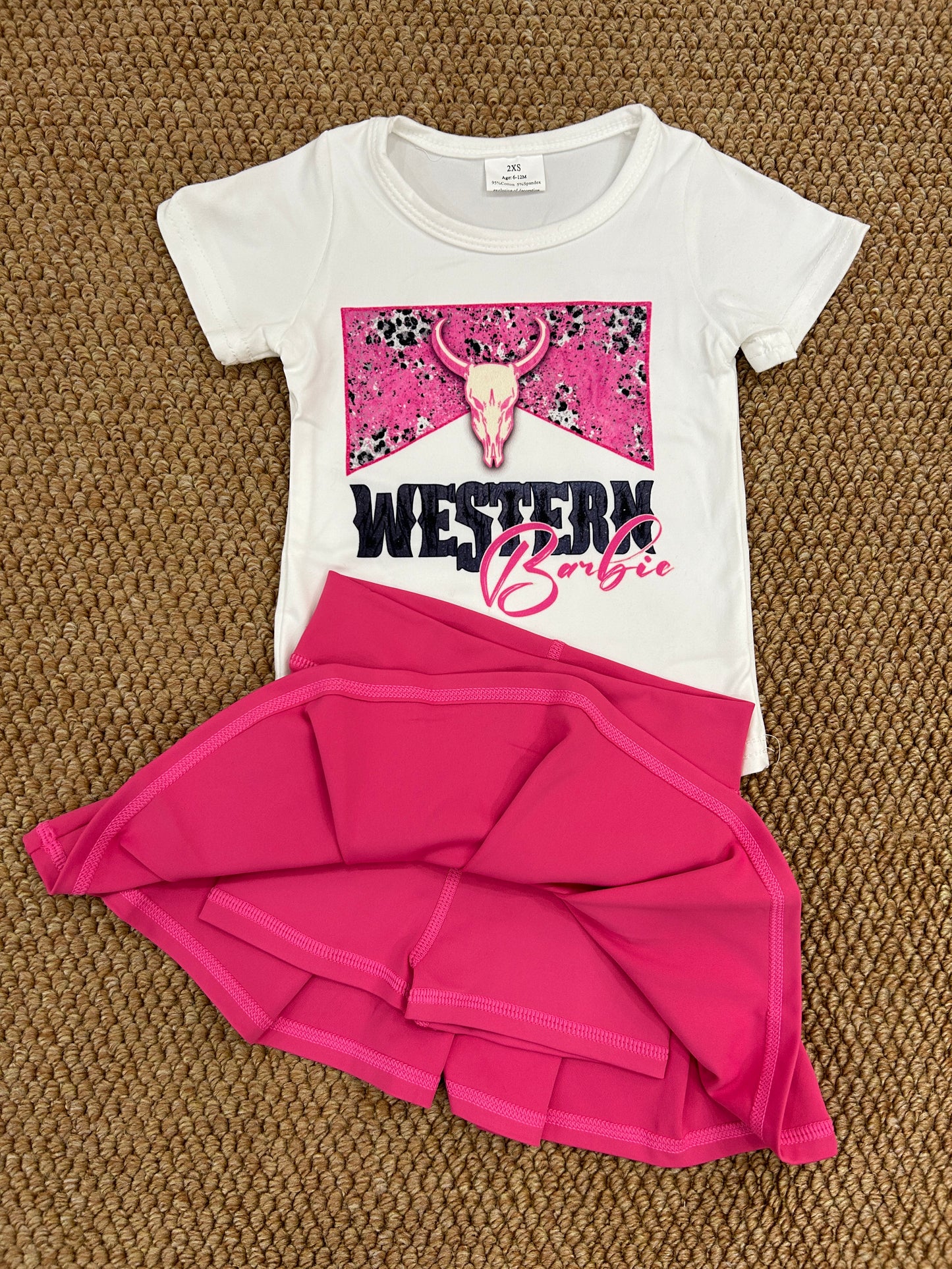 Western cow short sleeve yoga hot pink skirt skort girls set