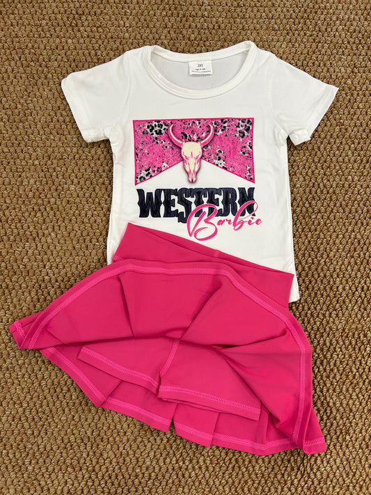 Western cow short sleeve yoga hot pink skirt skort girls set