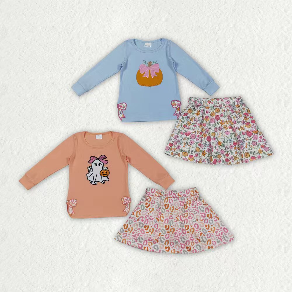 embrpidery spilt side bows pumpkin/spooky skort girls set RTS Sibling Clothes