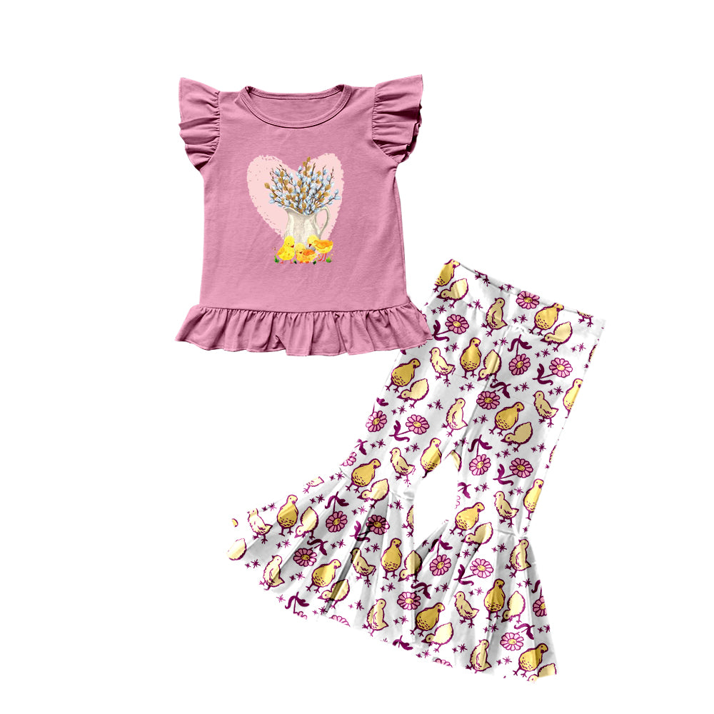 Custom Moq 3 Cute Chick Flwoers Hot Pink Flutter Sleeve Flowers Pants Girls Set