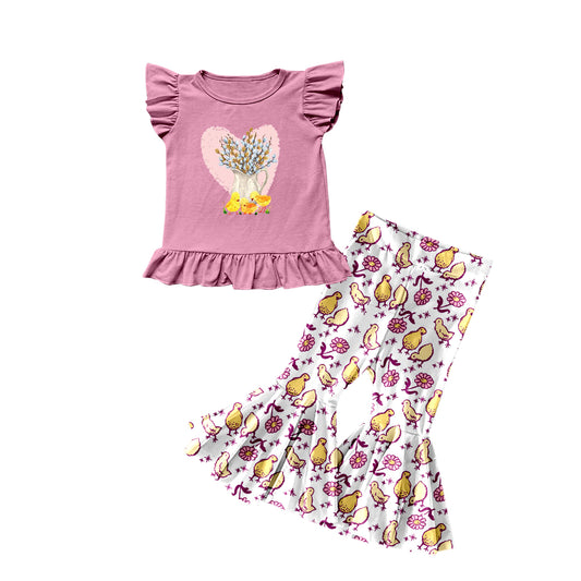 Custom Moq 3 Cute Chick Flwoers Hot Pink Flutter Sleeve Flowers Pants Girls Set