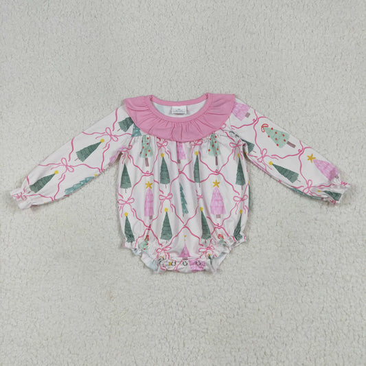 LR2275 Christmas tree pink bows long sleeve girls romper