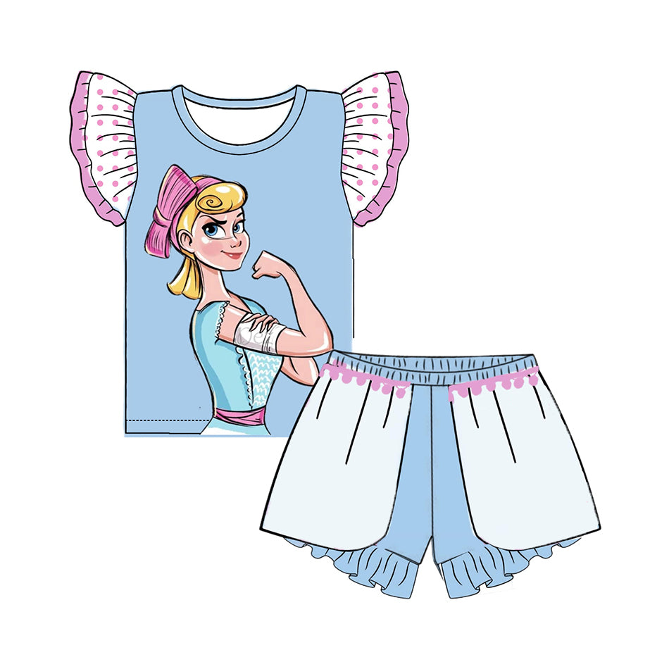 custom style cartoon princess blue flutter sleeve white blue shorts girls set tat 6-8weeks