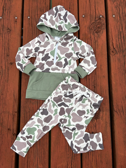 BLP0935 green duck camo dog pocket zipper hoodie long sleeve camo pants boys set
