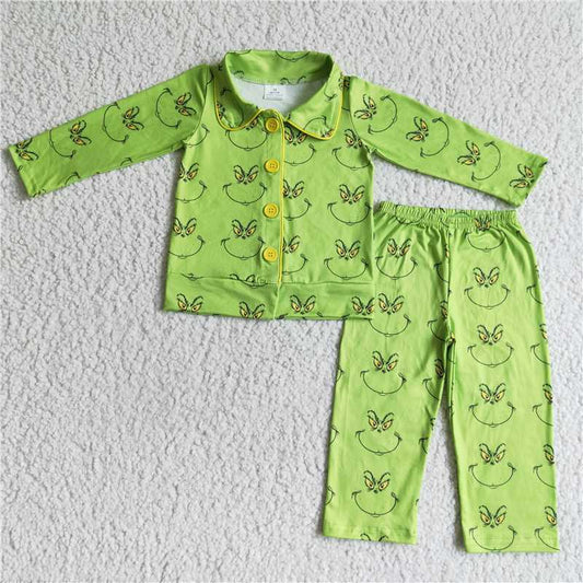 Christmas Green Face Long Sleeve Pants Boys Pajamas