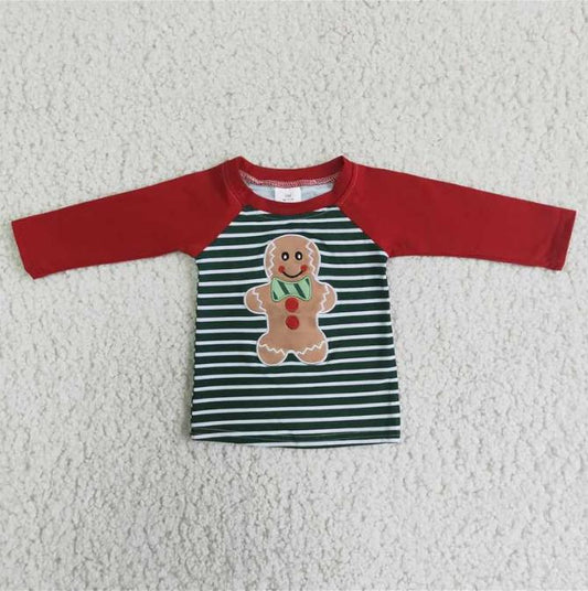 6 A24-15 Embroidery Christmas Green Striped Kids Top
