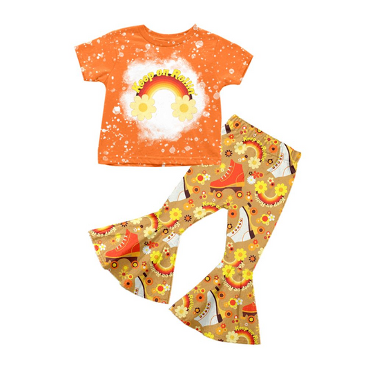 custom S 8.16 Rainbow flowers skateboarding orange short sleeve pants girls set