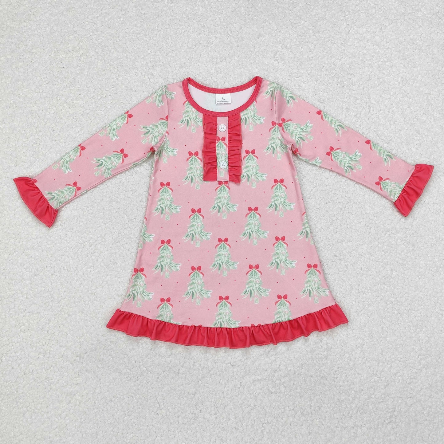 GLD0636 Christmas tree bow red long sleeve girls dress