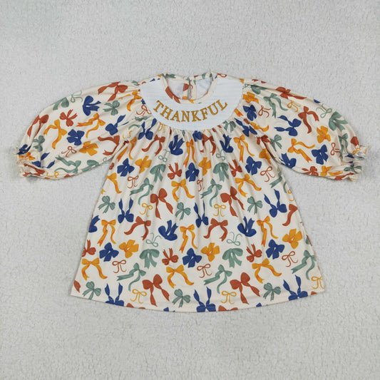 GLD1086 embroidery smocked Thankful colorful bows orange long sleeve girls dress
