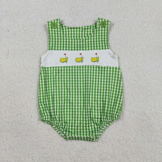 SR3454 Golf Green Checkered Sleeveless Boys Romper