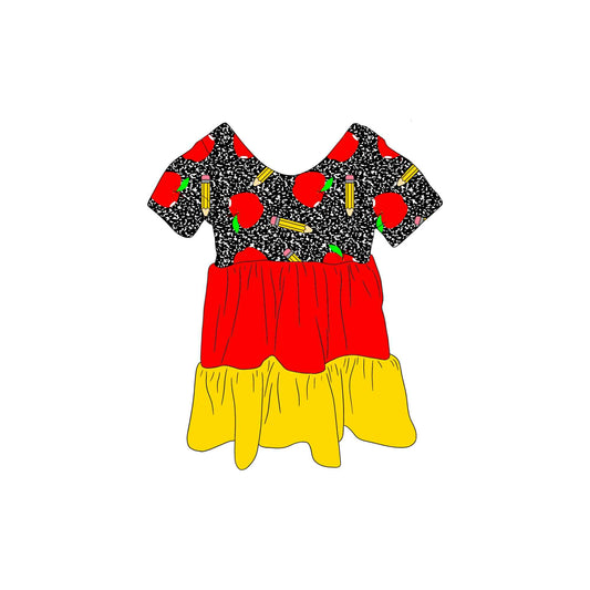 custom back to school apple pen leopard red yellow short sleeve girls dress
