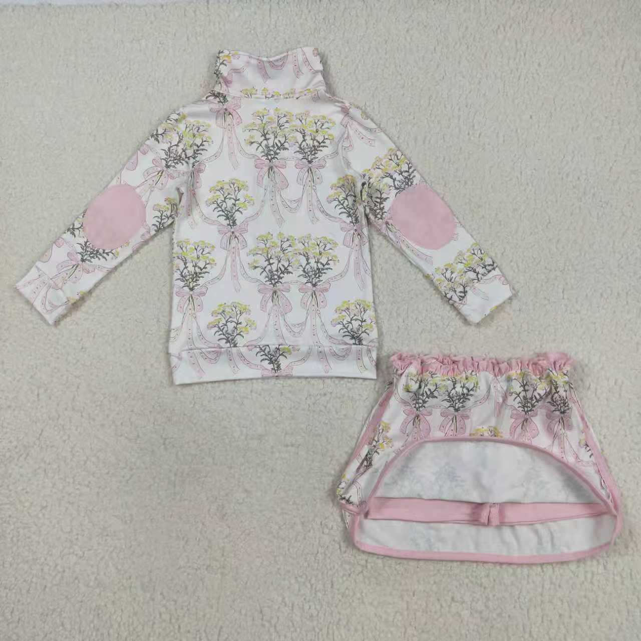 flowers style zipper long sleeve skort milk silk girls set RTS Sibling Clothes
