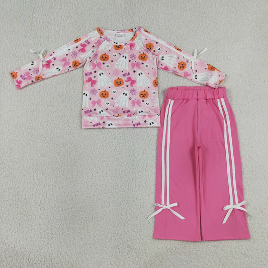 GLP3356 Halloween Spooky Pumpkin Bows Long Sleeve Green Pants Girls Set