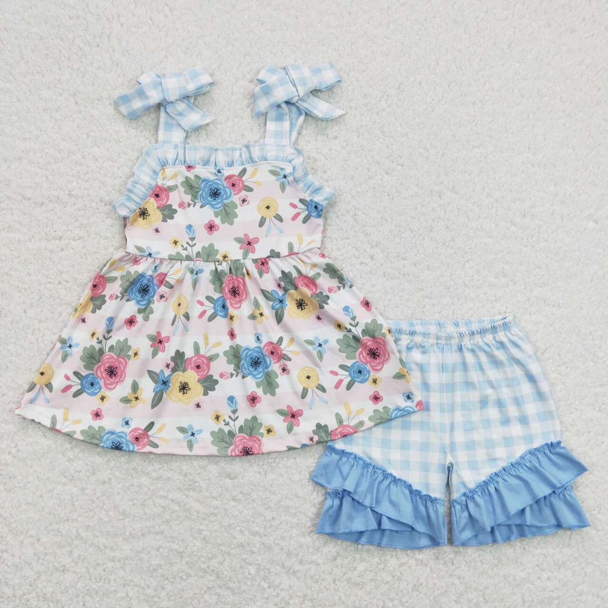GSSO0586 Colorful Flowers Pink Sleeveless Blue Checkered Shorts Girls Set