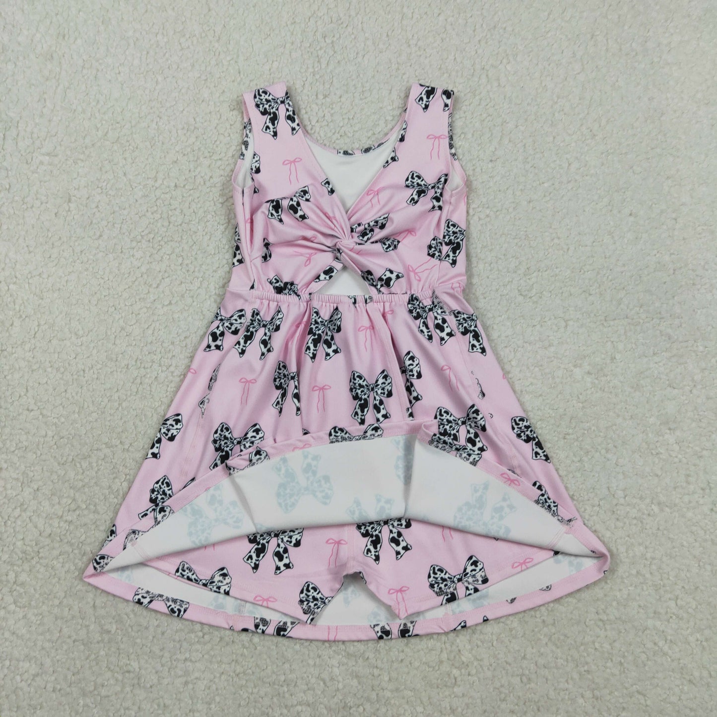 GSD1853 yoga Cow Print Bows Pink Bows Twirl Bow With Shorts Girls Dress