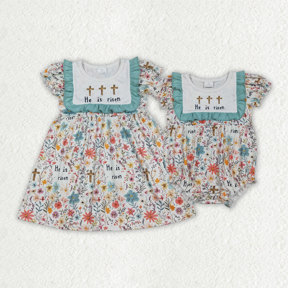 Embroidery Easter Cross He Is Risen Flowers Girl Dress/Romper Sibling Clothes RTS