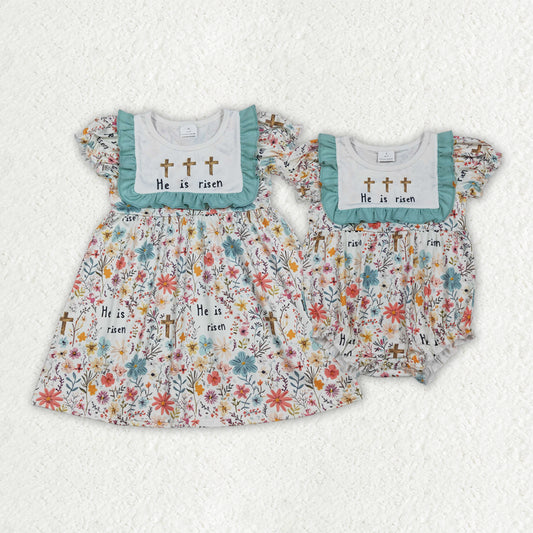 Embroidery Easter Cross He Is Risen Flowers Girl Dress/Romper Sibling Clothes RTS