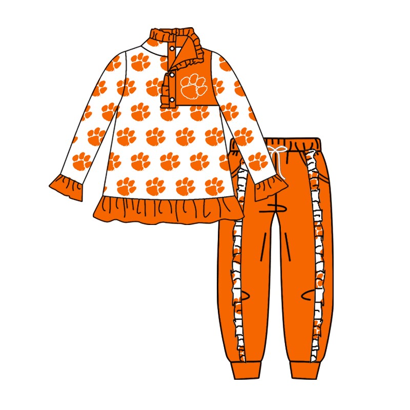 custom moq 3 football team dog paw orange long sleeve pullover pants girls set