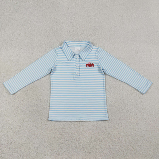 BT1573 Embroidery Truck Blue Striped Long Sleeve Boys Top